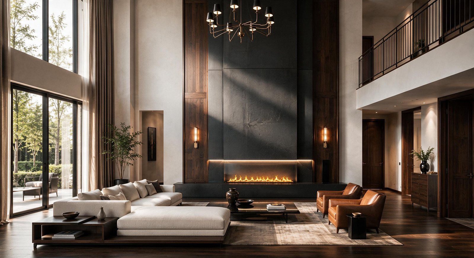 Double-height living room with integrated fireplace